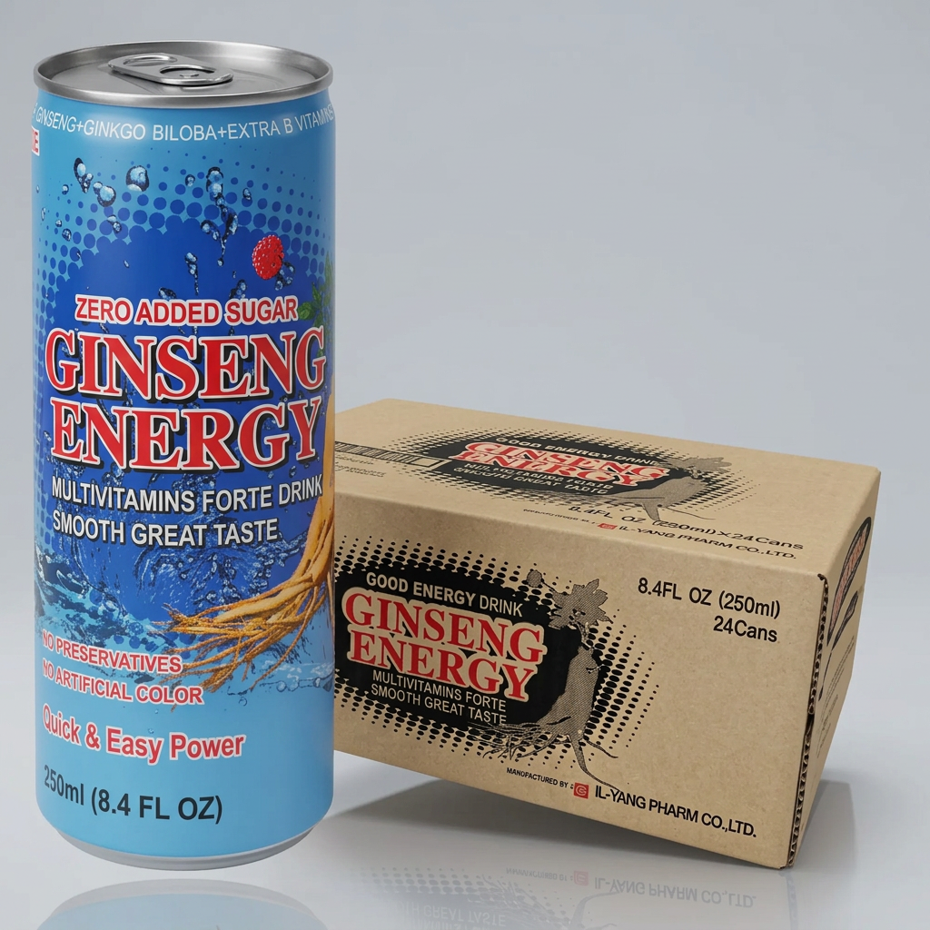 Ginseng Energy 250ml can next to a 24-can carton case