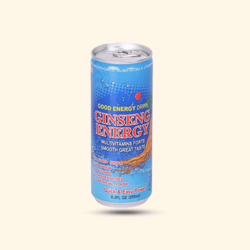 Ginseng Energy 250ml can photographed on a table